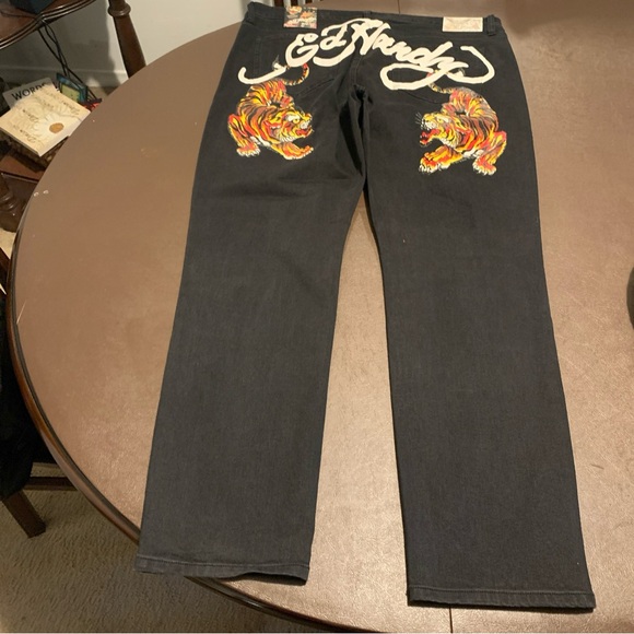 Ed Hardy Mens Bengal Crawling Tiger Size 38x30 Slim Fit Jeans Faded Black NWT - Picture 2 of 5